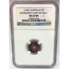 AUSTRALIA 1943 . INTERNMENT THREEPENCE CAMP TOKEN . NGC MS64